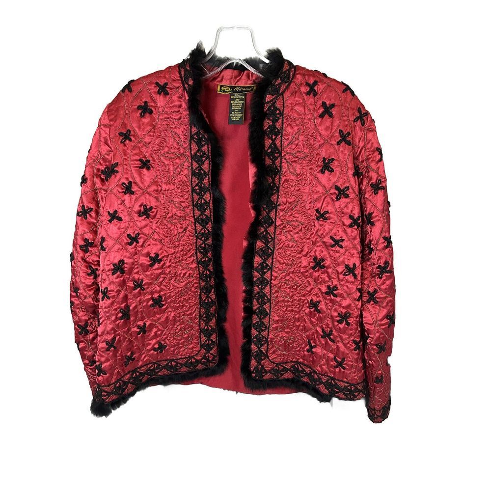 Mirasol Red and black Embroidered Stitched Jacket Faux fur‎ trim Size M